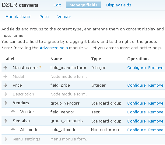 DSLR camera after rearranging fields