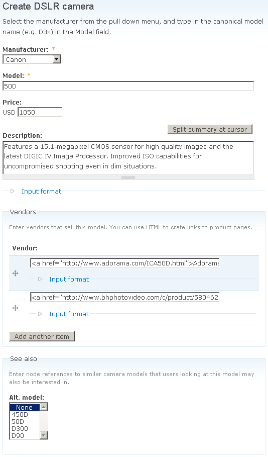 User form to enter data for a new DSLR camera