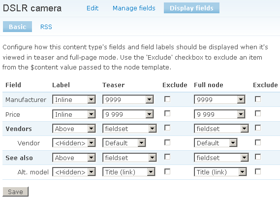 Setting up display fields