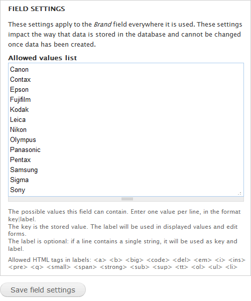 Allowed values list.