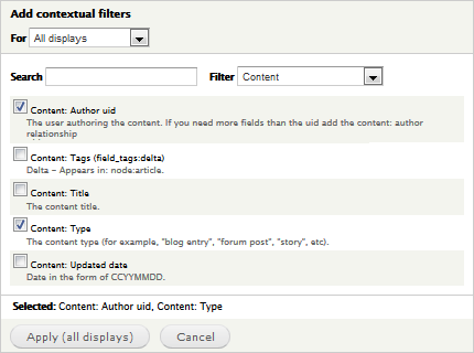 Select Content: Author uid and Content: Type. views_cfl02.png.